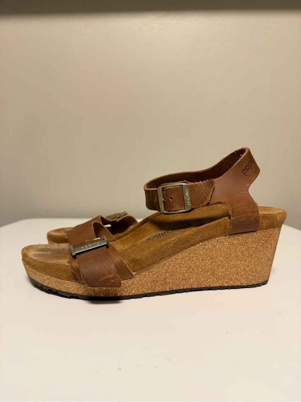 Papillio Soley Cognac Oiled Leather Wedge Sandals Adjustable Buckle Strap US 8